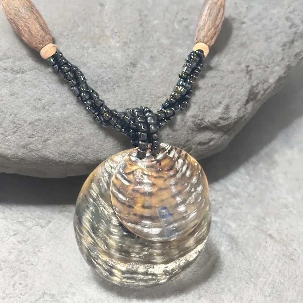 Unisex Bohemian Pendant Necklace Twisted Seed Bead With Abalone & Wooden Accent